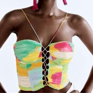 Zara Printed Crop Top Womens Size S 7886/100 Colorful Fairy Party Vacation Beach